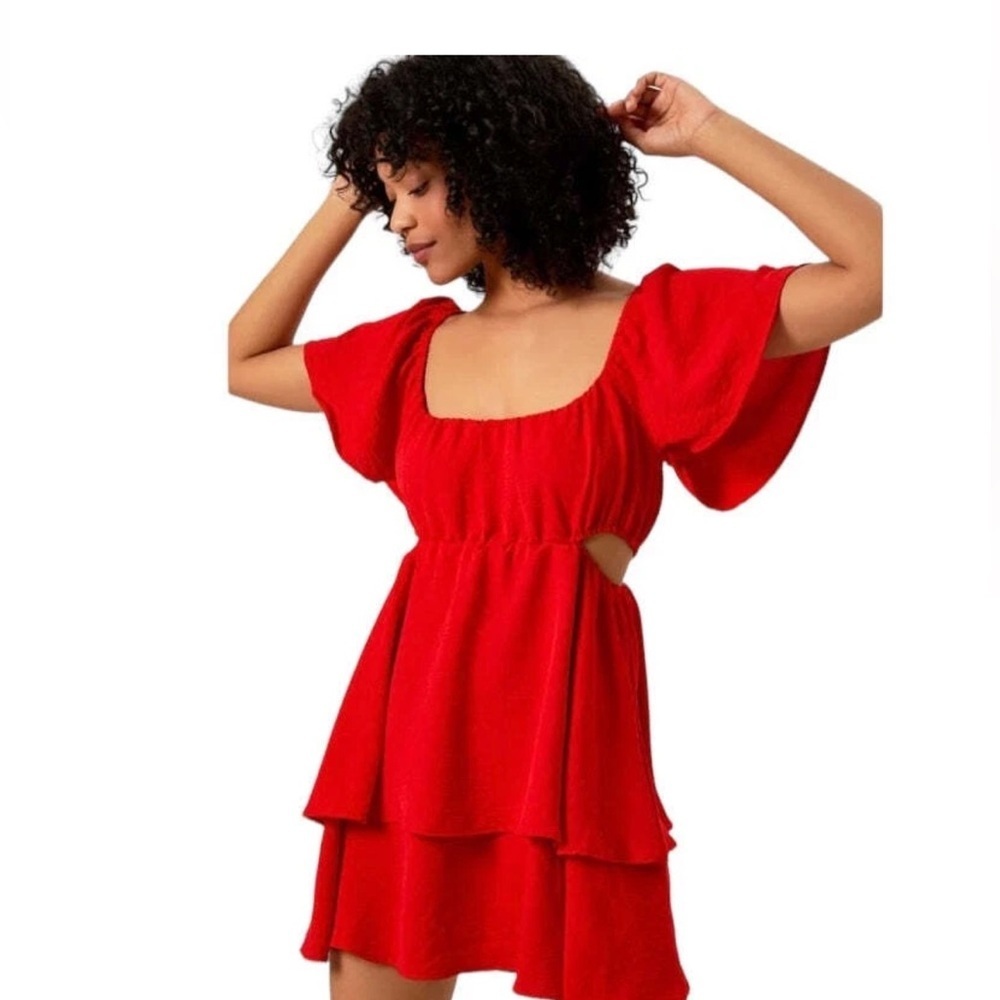 Altar'd State Red Tiered Cut Out Mini Dress Flutter Sleeve Small